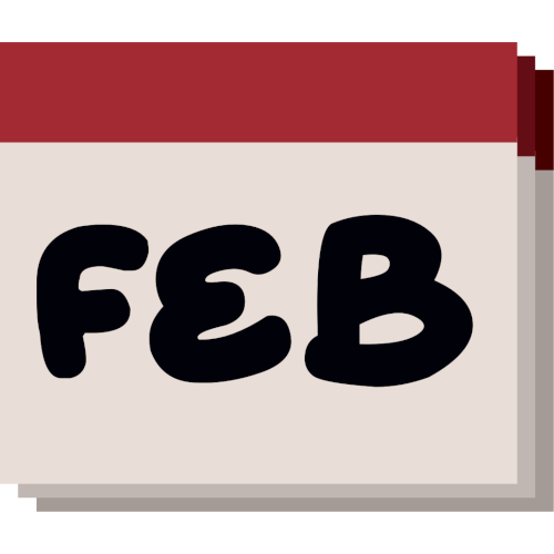 A simple, stylized representation of a calendar page. The main section of the calendar is a light gray square with the letters 'FEB' printed in large, bold, black font, indicating the month of February. Above this, there is a horizontal maroon header. Behind the front page, there are two additional pages slightly offset to the right and down.